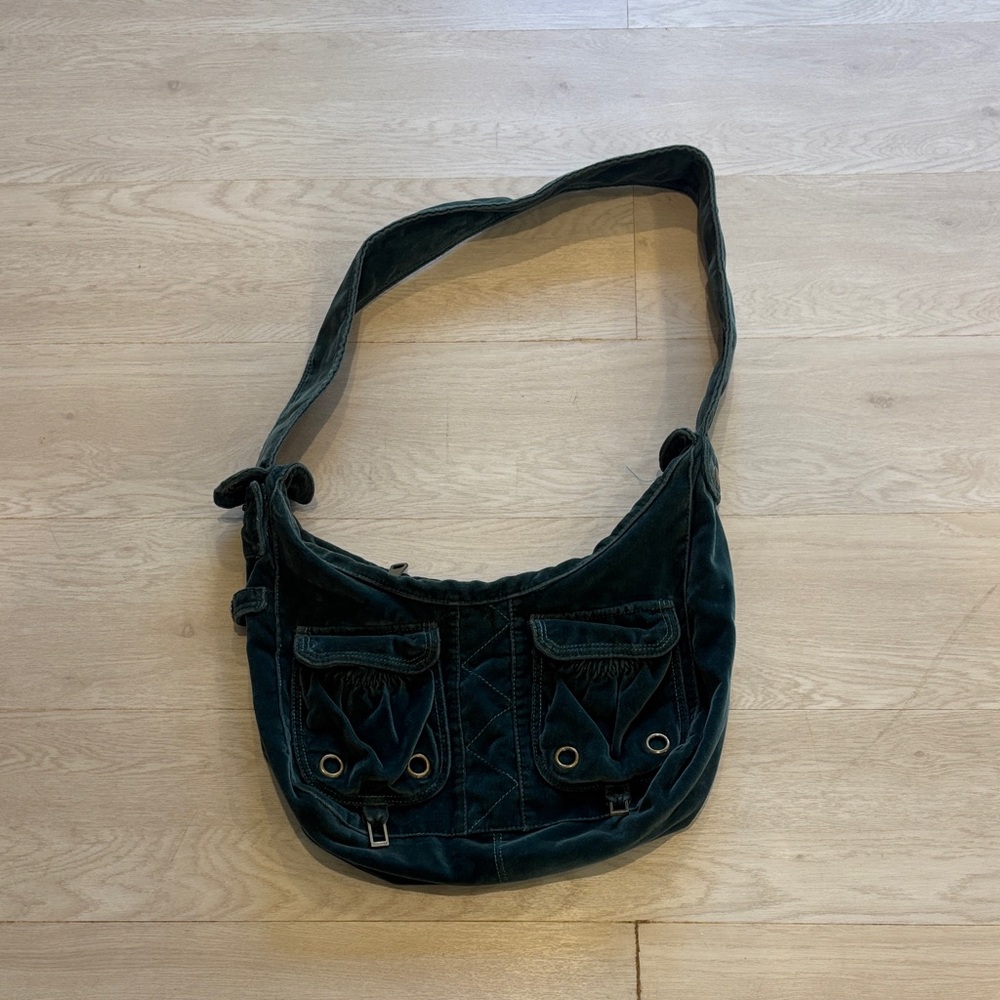 Marc Jacobs Dark Green Velvet Shoulder Bag with Front Flap Pockets